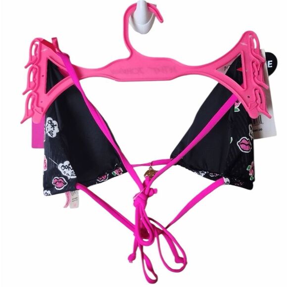 BETSEY JOHNSON 3 piece tie bikini Set Pink Black New - Picture 9 of 12